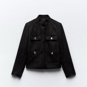 Black Button-Pocket Faux Suede Jacket